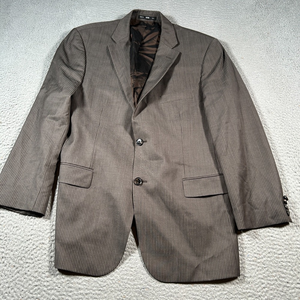 Hugo Boss Super‎ 100 Blazer Jacket Mens 42R Brown White Striped Single Breasted